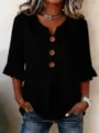 Women V-Neck Linen Button Top Casual Summer 3/4 Sleeve Black Blouse New Style 2026 - Black