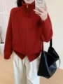 Red zip-up turtleneck knitted cardigan, stylish casual loose winter sweater coat for women. - One Size / Burgundy