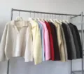 Jersey de punto con cuello en V polo casual para mujer color sólido manga larga parte superior - Talla única / Tops / Amarillo