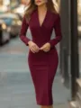 Detailed view of the burgundy long-sleeve blazer dress showing slim fit and lapel collar. - S / Burgundy