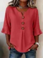 Women V-Neck Cotton Linen Blouse 3/4 Ruffle Sleeve Button Down Summer Casual Shirt Top - Rose