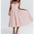 Pink strapless corset midi dress with slender straps and flared skirt for elegant style. - Pink