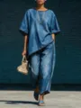 Stylish denim style loose two piece set featuring a comfortable top and wide leg pants. - S / Top And Bottom / Navy Blue