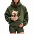 Green fleece pet hoodie with kangaroo pocket for small dogs and cats, cozy winter pullover. - Olive Green