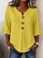 Women summer v neck cotton linen yellow top casual half sleeve button up blouse shirt - Yellow