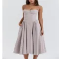 Detailed view of the elegant strapless corset midi dress showcasing the fitted bustier style. - Light Gray