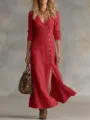 Rotes Leinen Langarm Maxikleid Detail mit V-Ausschnitt, Knöpfen und vorderem Schlitz. - S / Rot