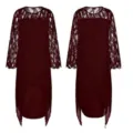 Burgundy chiffon dress detail featuring delicate lace spliced 3/4 sleeves and irregular hem. - L / Burgundy