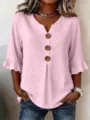 Summer women casual V-neck linen blouse with wooden buttons and ruffle short sleeves pink - Pink