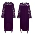 Details of the purple lace splice irregular hem chiffon dress showing exquisite craftsmanship. - L / Purple