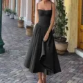 Black corset midi dress with spaghetti straps, elegant slim fit party evening dress. - Black