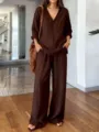 Brown casual V-neck long sleeve pullover top and wide leg pants two piece set for women - Chestnut