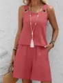 Detailed view of the stylish pink sleeveless two-piece set with ring shoulder straps. - S / Brick Red