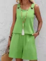 Femme ete couleur unie sans manches col rond haut et short ensemble deux pieces chic - Vert Herbe