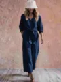 Casual V-neck tie waist jumpsuit with 3/4 sleeves, stylish resort wear outfit for women. - S / Top And Bottom / Navy Blue