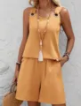 Ensemble deux pieces haut sans manches et short de couleur unie pour femme style casual - Jaune Terre