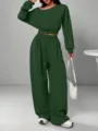 Solid color casual sweatsuit with off-shoulder sweatshirt and wide-leg pants for women. - S / Top And Bottom / Army Green