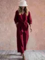 Stylish Women V-Neck Tie Waist Jumpsuit Three Quarter Sleeve Casual Vacation Outfit - S / Top And Bottom / Dark Red