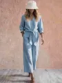 Women Casual V-Neck Jumpsuit Spring Autumn Long Pants Tie Waist Half Sleeve Chic Outfits - S / Top And Bottom / Sky Blue