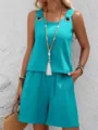 Turquoise sleeveless round neck top and shorts set detail, perfect summer casual outfit. - S / Lake Blue