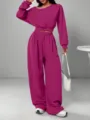 Women Casual Tracksuit Set Off Shoulder Sweatshirt Wide Leg Pants Solid Color Activewear - Fuschia