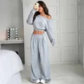 Grey off shoulder casual two piece set women loose crop hoodie and wide leg sweatpants - S / Top And Bottom / Light Gray