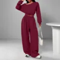 Burgundy solid off-shoulder sweatshirt and wide leg pants lounge suit variant style. - Burgundy