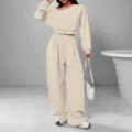 Beige Women Casual Two-Piece Set Solid Color Long Sleeve Sweatshirt Wide Leg Pants SKU - Apricot