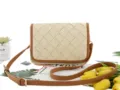 Woven straw crossbody bag, beige diamond lattice design with brown PU leather trim and strap. - Beige