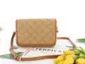 Women straw woven crossbody bag, stylish rhombus shoulder bag with PU leather trim. - Tan