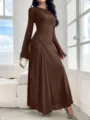 Elegant brown long sleeve ruched maxi dress for women, slim fit evening party long dress. - Coffee