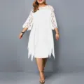 Plus size white chiffon dress with lace splicing, 3/4 sleeves, irregular hem. - L / White
