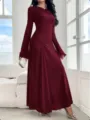 Burgundy long sleeve maxi dress detail, fitted silhouette with elegant trumpet sleeves. - XS / Burgundy