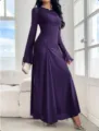 Purple long sleeve slim fit dress with bell sleeves and pleated design for elegant style. - Purple