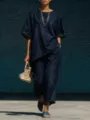 Dark denim loose wide-leg pants two-piece set, casual stylish outfit variant for women. - S / Top And Bottom / Dark Blue