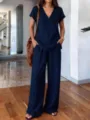Summer solid color fashion women's two-piece set, short sleeve top and wide leg pants. - Navy Blue