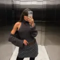 Γυναικείο φθινοπωρινό πλεκτό σετ αμάνικο τοπ halter και ζακέτα γκρι φούστα δύο τεμαχίων - Ένα μέγεθος / Σετ / σκούρο γκρι