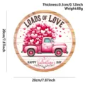 American country style Valentine's Day wooden round hanging sign with pink truck and hearts. - Pink Truck Love