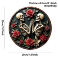 Wooden skeleton rose hanging plaque decorative round door sign for wall decor 20cm - Two Skeletons with Roses