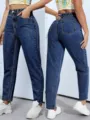 High waist tapered jeans for women, casual denim trousers in deep blue wash, dual views. - XS / Bottoms / Dark Washed Blue