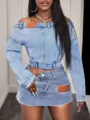 Women denim off shoulder crop top and asymmetric mini skirt set casual chic streetwear - S / Top And Bottom / Blue