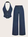 Detailed view of the stylish dark blue denim halter vest and high waist wide leg pants set. - XS / Top And Bottom / Black (Geometric Weave)