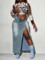 Asymmetrical slit denim maxi skirt with high waist design, stylish European fashion apparel. - M / Bottoms / Blue