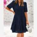 Navy blue V-neck short sleeve eyelet tiered mini dress for women summer fashion style. - Navy Blue