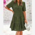 Army green V-neck short sleeve eyelet embroidery tiered dress for summer daily wear. - Olive Green