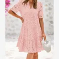 Women summer pink v-neck short sleeve eyelet embroidered tiered casual mini dress detail - Pink