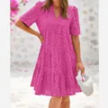 Pink V-neck short sleeve eyelet midi dress featuring tiered ruffle hem for summer style detail. - S / Dresses / Rose Red