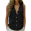 Détail d'une chemise sans manches noire pour femme en lin avec col en V et poches. - S / Hauts / Noir