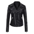 Black faux leather motorcycle jacket detail featuring asymmetric zipper, lapel collar and waist belt. - M / Tops / Black