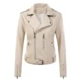 Close up of women faux leather biker jacket with asymmetric metal zippers and lapel. - M / Tops / Off White